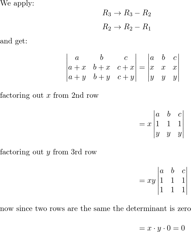 Use row operations to show that the determinants are all zer Quizlet