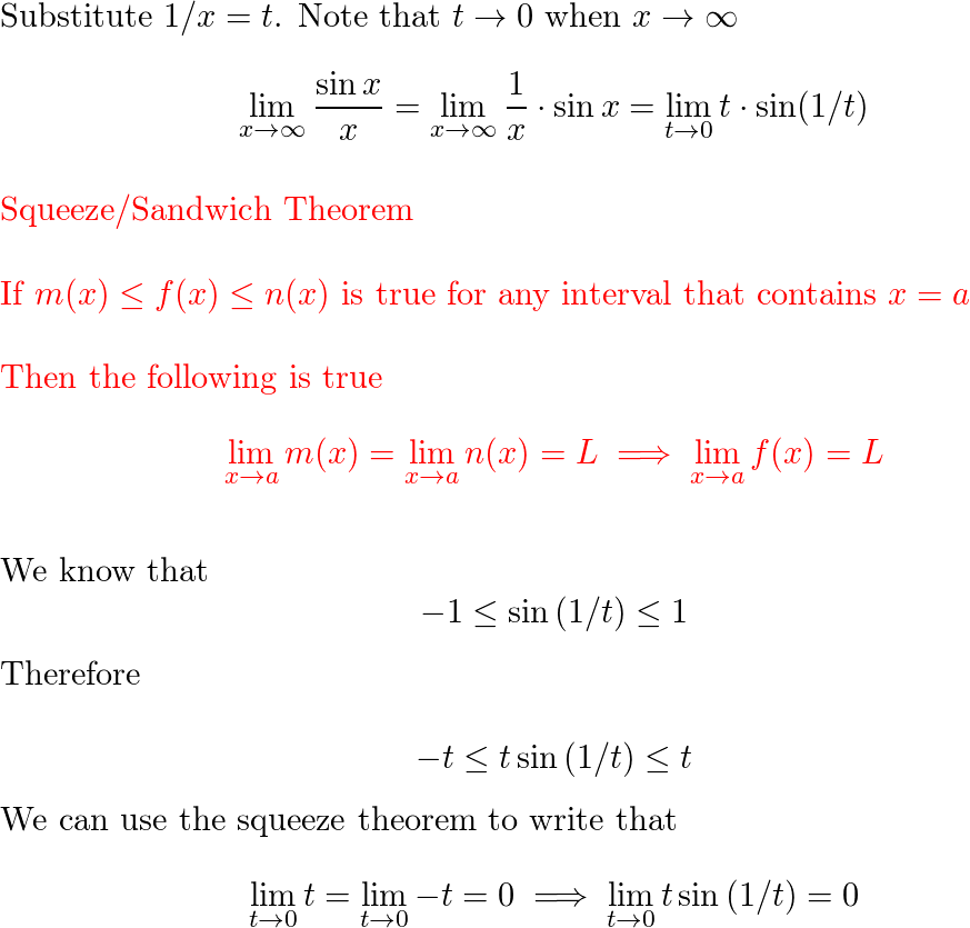 Use the Squeeze Theorem to evaluate lim x→∞ sin x/x. | Quizlet