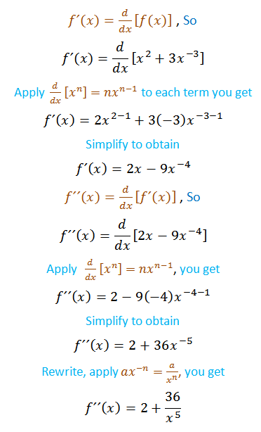 Find the second derivative of the function. f(x) = x² + 3x^- | Quizlet