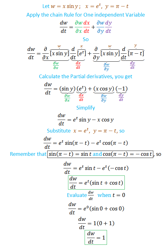 Find Dwdt Using The Appropriate Chain Rule Evaluate Dwdt Quizlet