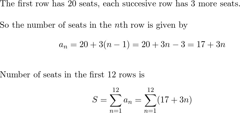 The first row of a theater has 20 seats and each of the fol Quizlet