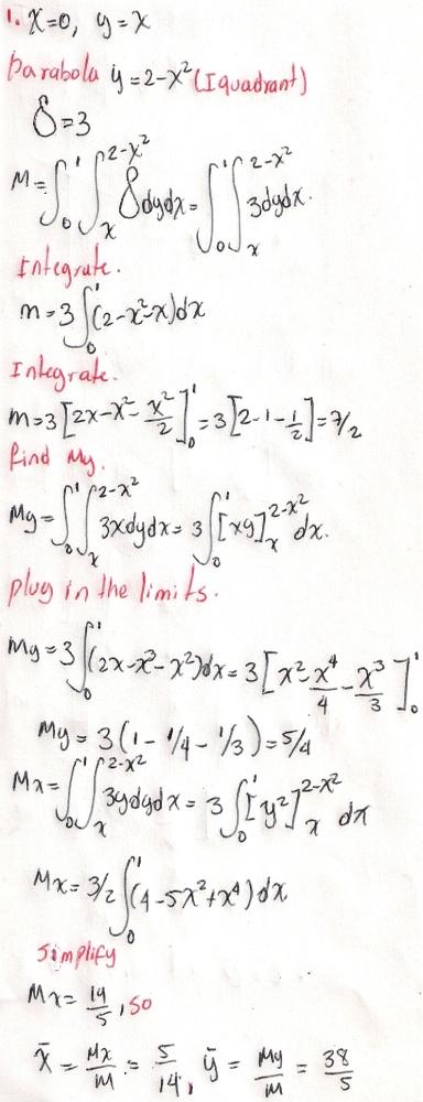 Find The Center Of Mass Of A Thin Plate Of Density Delta 3 Bounded By The Lines X 0 Y X And The Parabola Y 2 X