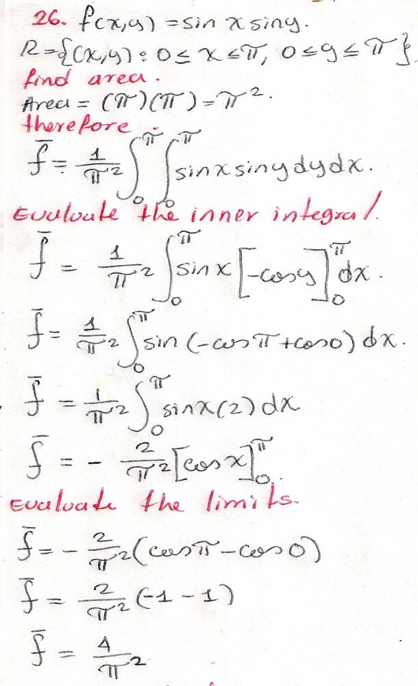 Compute The Average Value Of The Following Functions Over The Region R F X Y Sin X Sin Y R X Y 0 Leq X Leq Pi 0 Leq