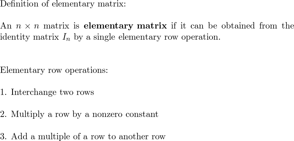 Determine whether the matrix is elementary. If it is state Quizlet