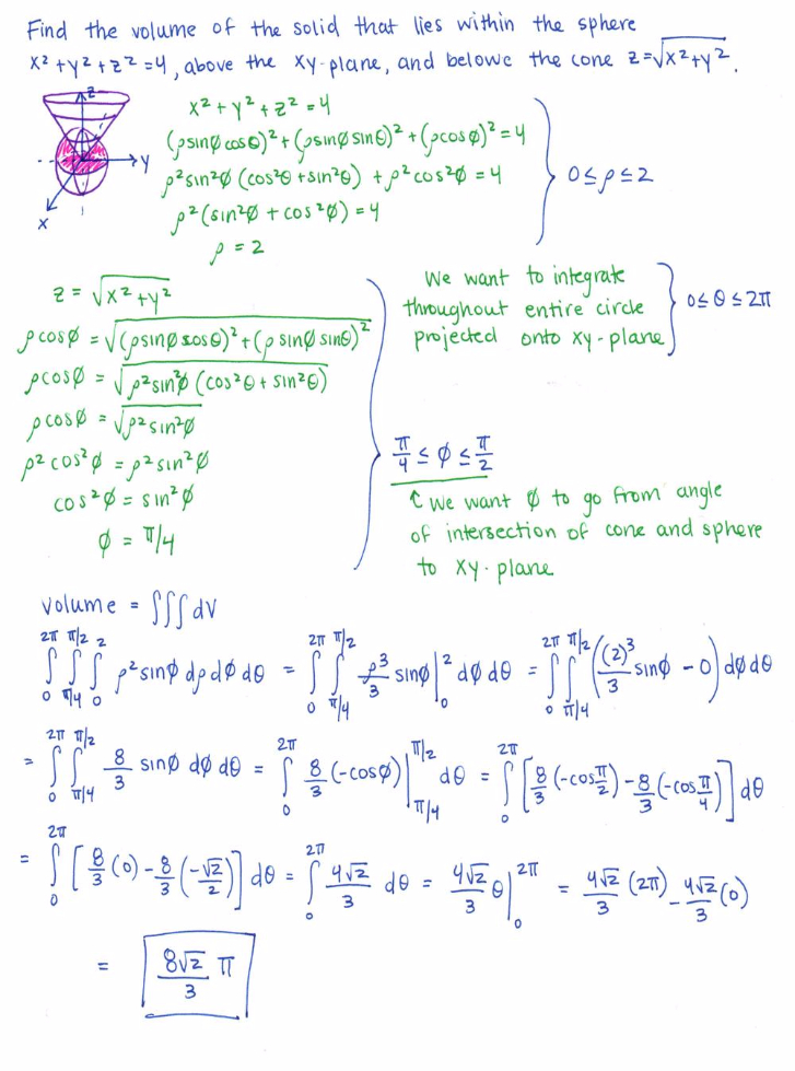 Use Spherical Coordinates Find The Volume Of The Solid That Lies Within The Sphere X 2 Y 2 Z 2 4 Above The Xy Plane And Below The Cone Z X 2 Y 2 1 2 Homework Help And Answers Slader