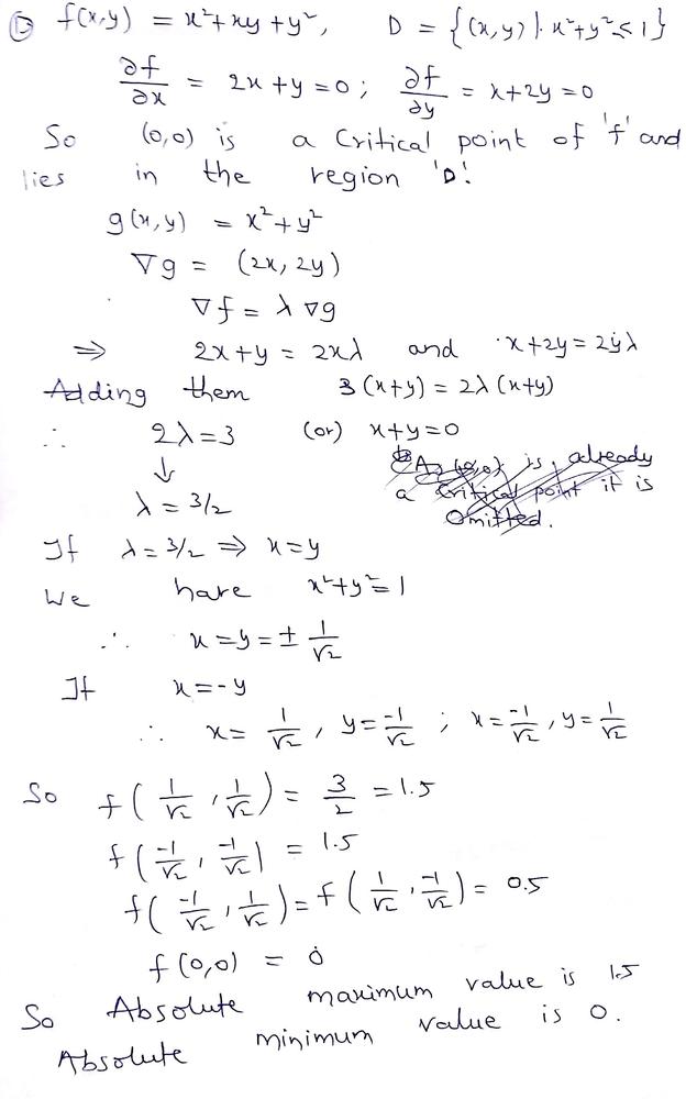 Consider The Function Math F X Y X 2 Xy Y 2 Math Defined On The Unit Disc Namely Math D X Y Hspace 0 1cm Hspace 0 1cm X 2 Y 2 Leq 1 Math Use The Method Of