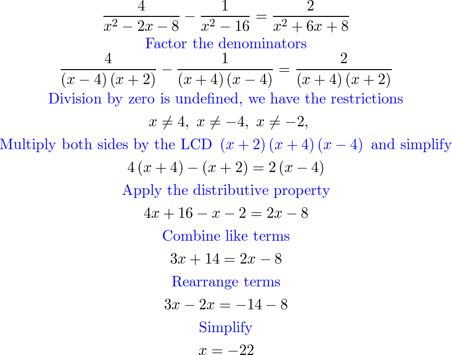 Solve the equation. $$ \dfrac{4}{x^2-2x-8}-\dfrac{1}{x^2-1 | Quizlet