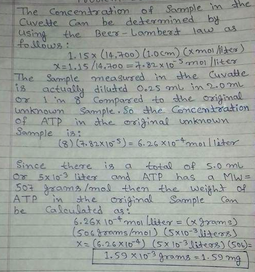 A Sample Of Adenosine Triphosphate Atp Mw 507 Math Varepsilon 14 700 M 1 Mathrm Cm 1 Math At 257 Nm Is Dissolved In 5 0 Ml Of Buffer A 250 Math Mu Mathrm L Math Aliquot Is Removed And Placed In A 1