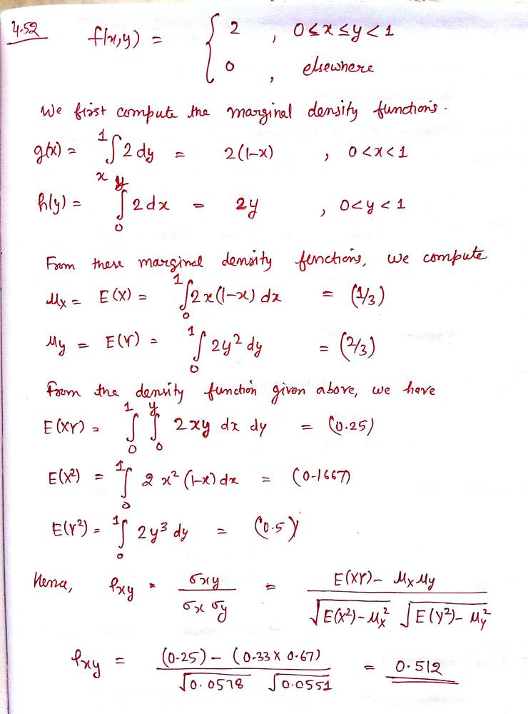 Math Text Random Variables X Text And Y Text Follow A Joint Distribution Math F X Y 2 Text For 0 X Leq Y 1 F X Y 0 Text Otherwise Math Text Determine The Correlation Coefficient