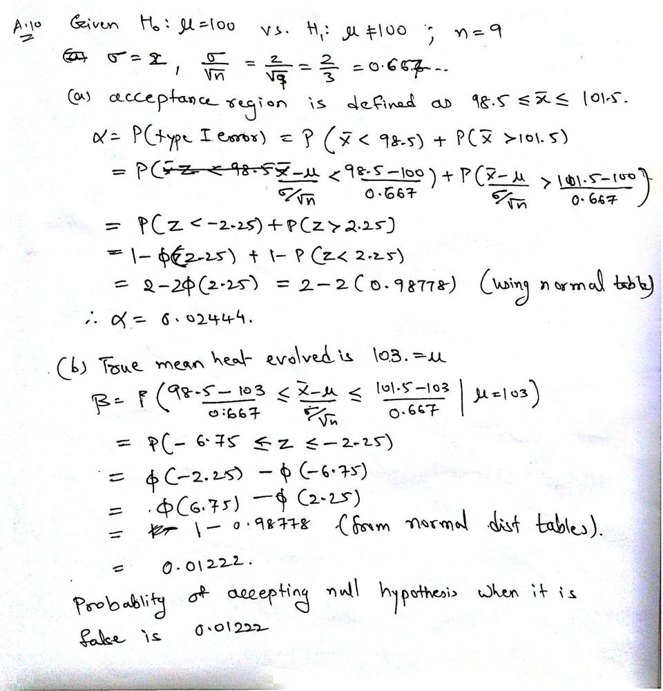 The Heat Evolved In Calories Per Gram Of A Cement Mixture Is Approximately Normally Distributed The Mean Is Thought To Be 100 And The Standard Deviation Is 2 You Wish To Test