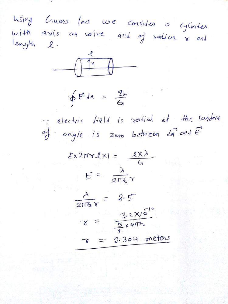 A Very Long Straight Wire Has Charge Per Unit Length Math 3 Times 10 10 Mathrm C Mathrm M Math At What Distance From The Wire Is The Electric Field Magnitude Equal To 2 50 N C Homework