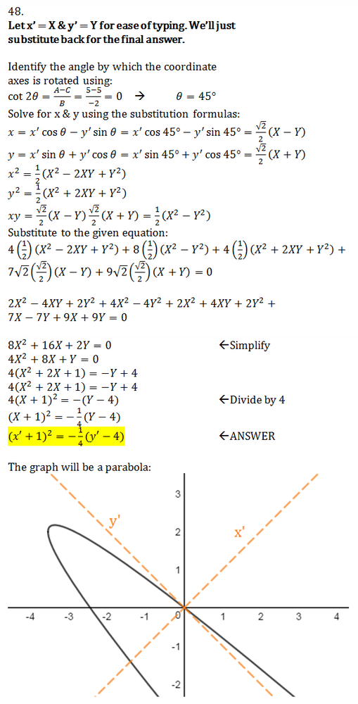 Rotate The Axes To Eliminate The Xy Term In The Equation Then Write The Equation In Standard Form Sketch The Graph Of The Resulting Equation Showing Both Sets Of Axes 4x 2 8xy 4y 2 7 2x 9 2y 0