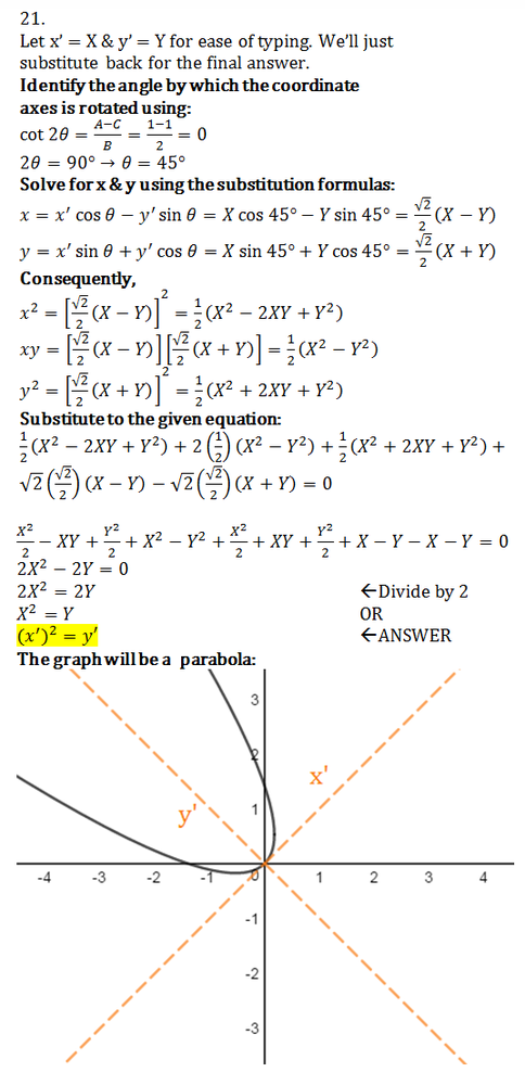 Rotate The Axes To Eliminate The Xy Term In The Equation Then Write The Equation In Standard Form Sketch The Graph Of The Resulting Equation Showing Both Sets Of Axes X 2 2xy Y 2 2x 2y