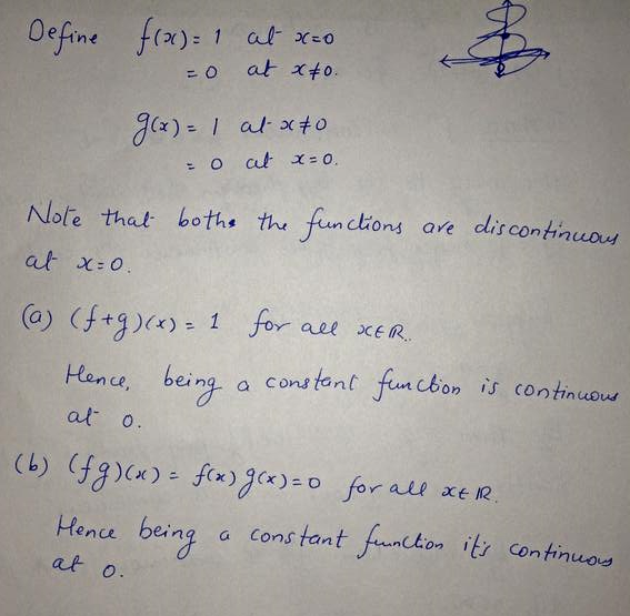 Give An Example Of Functions F And G That Are Both Discontinuous At A Point C In Mathbb R Such That A The Sum F G Is Continuous At C B The