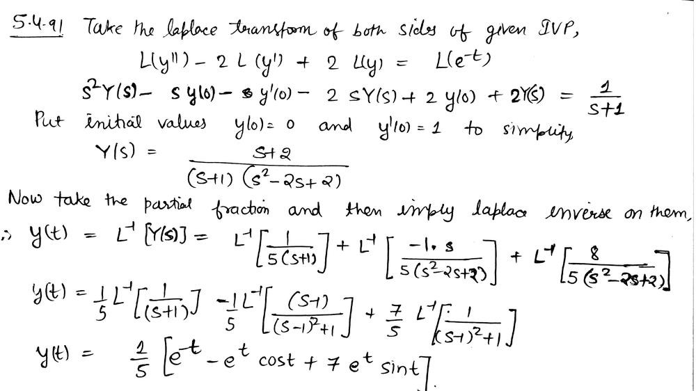 Use The Laplace Transform To Solve The Given Initial Value Problem Begin Gather Y 2y 2y E T Y 0 0 Y 0 1 End Gather Homework Help And Answers Slader
