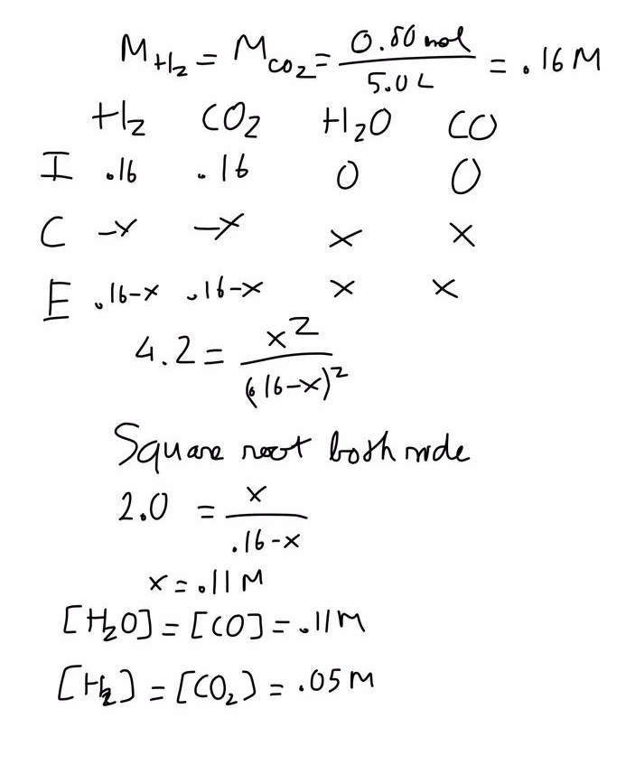 The Equilibrium Constant Kc For The Reaction H2 G Co2 G H2o G Co G Is 4 2 At 1650 Degree C Initially 0 80 Mol H2 And 0 80 Mol Co2