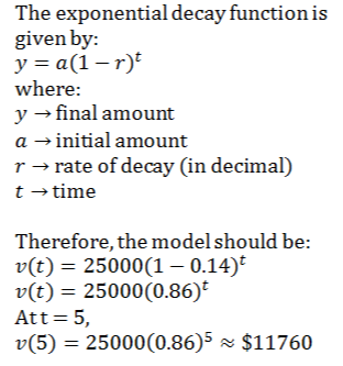 You Purchase A Car In 10 For 25 000 The Value Of The Car Decreases By 14 Annually Describe And Correct The Error In Finding The Value Of The Car In 15 Left