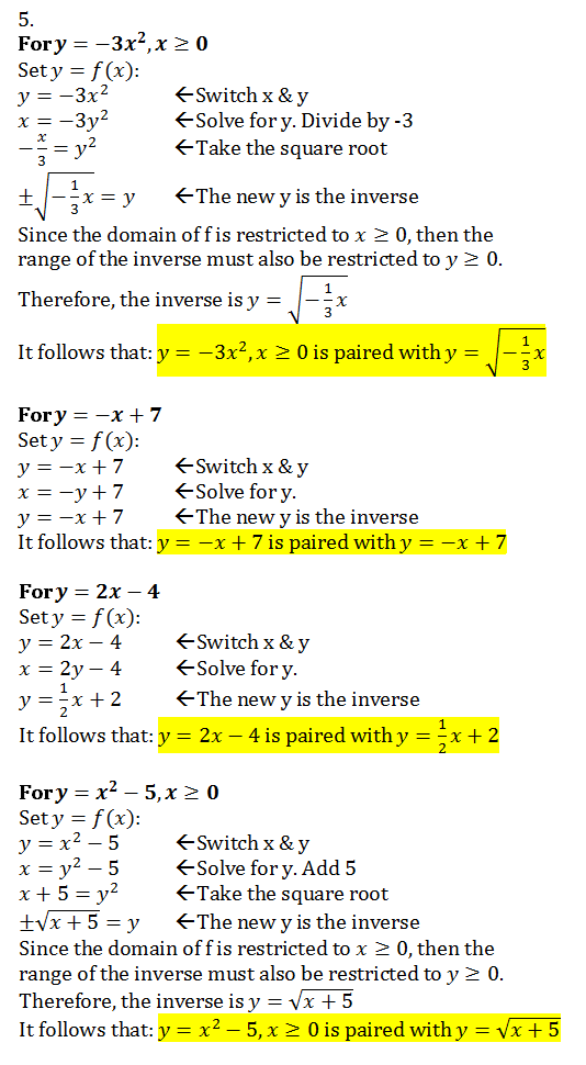 Pair Each Function With Its Inverse Y 3 X 2 X Geq 0 Quad Y X 7 Quad Y 2 X