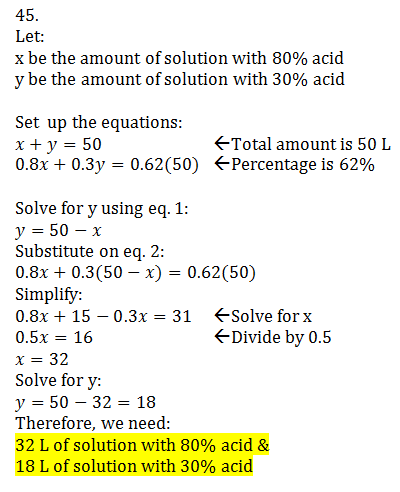 A Chemist Has One Solution That Is 80 Acid And A Second Solution That Is 30 Acid How Many Liters Of Each Solution Will The Chemist Need In Order To Make 50