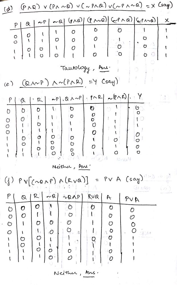 Use A Truth Table To Determine Whether Each Of The Following Is A Tautology A Contradiction Or Neither A P Q V P Q B P Q C P Q V Pv Q D P Q V P Q V P Q V P Q E Q P P R F Pv Q P Rvq Homework