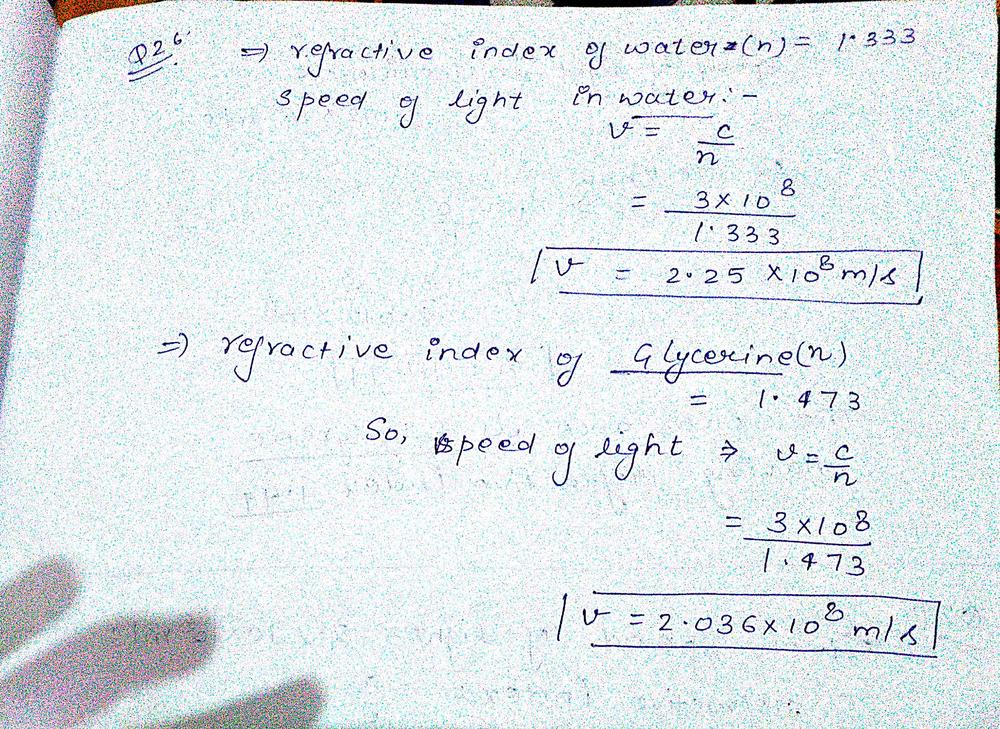 What Is The Speed Of Light In Water In Glycerine Homework Help And Answers Slader