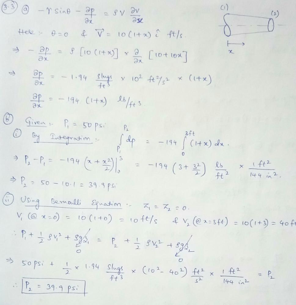 Water Flows Steadily Through The Variable Area Horizontal Pipe Which Gradually Contract In Diameter And Have Length Of 3 Ft The Centerline Velocity Is Given By Math V 10 1 X Vec I Math Where