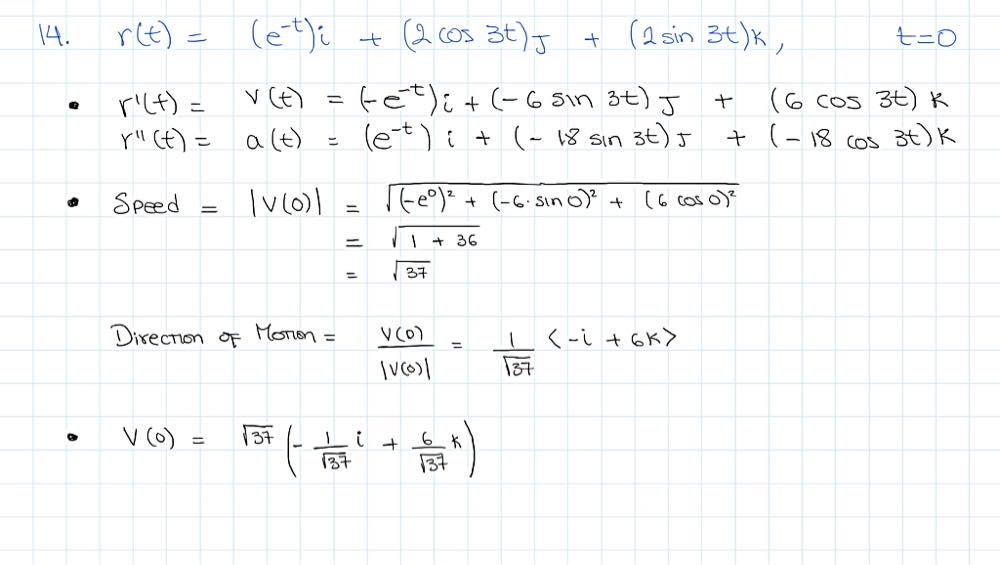 Mathbf R T Is The Position Of A Particle In Space At Time T Find The Particle S Velocity And Acceleration Vectors Then Find The Particle S Speed And Direction