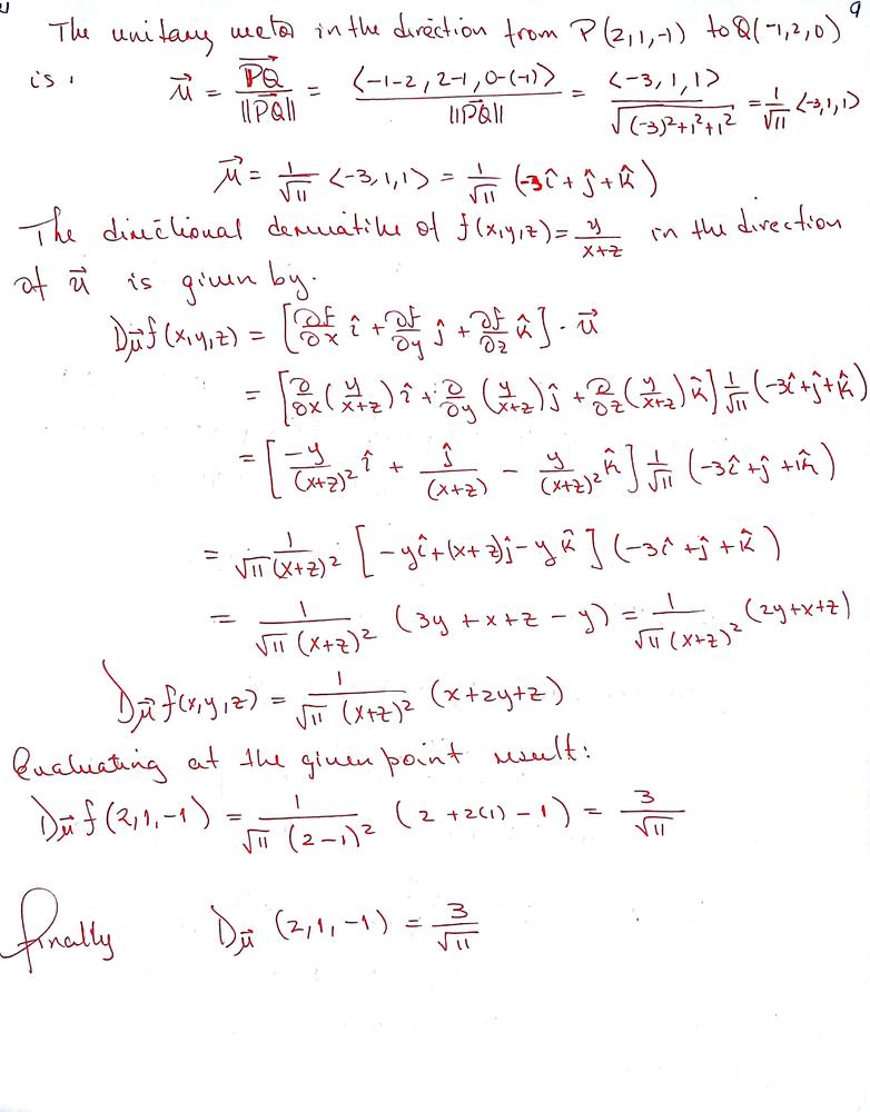 Find The Directional Derivative Of F X Y Z Frac Y X Z At Math P 2 1 1