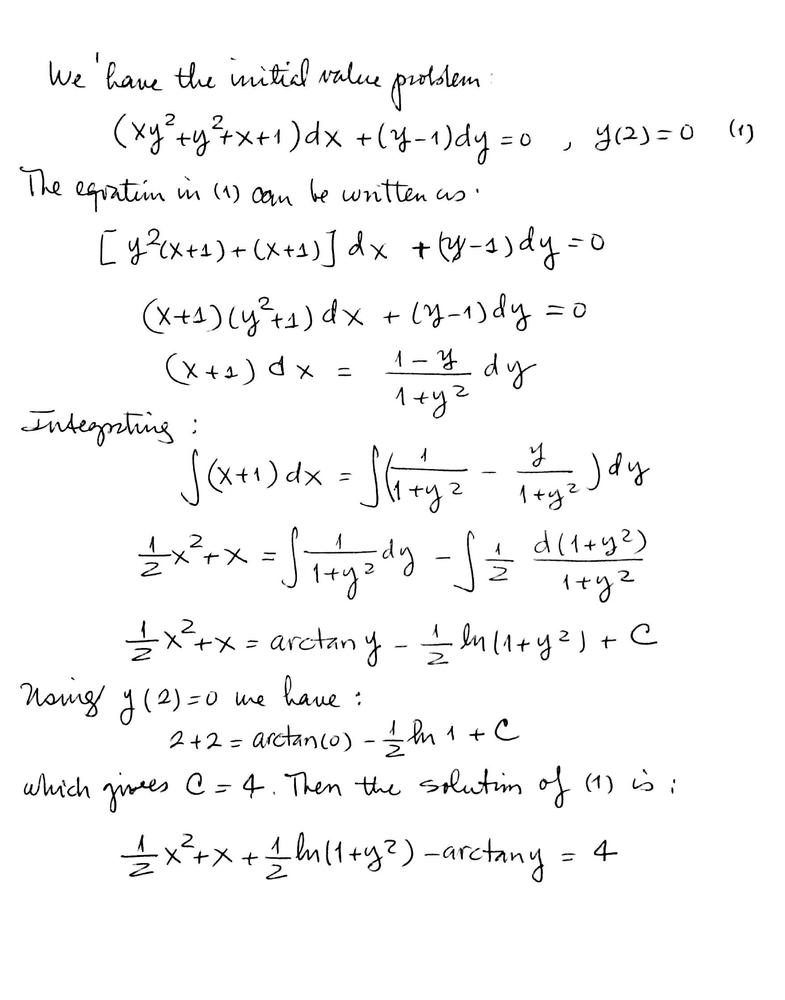 Solve The Initial Value Problem Math Xy 2 Y 2 X 1 Dx Y 1 Dy 0 Y 2 0 Math Homework Help And Answers Slader