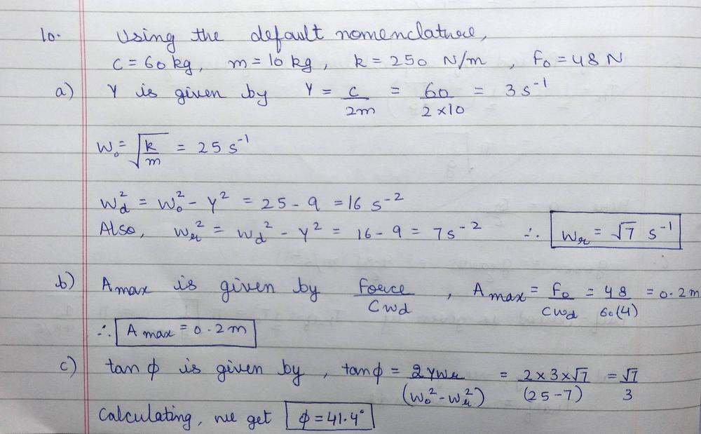 A Damped Harmonic Oscillator With M 10 Kg K 250 N M And C 60 Kg S Is Subject To A Driving Force Given By Math F 0 Cos Omega T Math Where Math F 0 Math