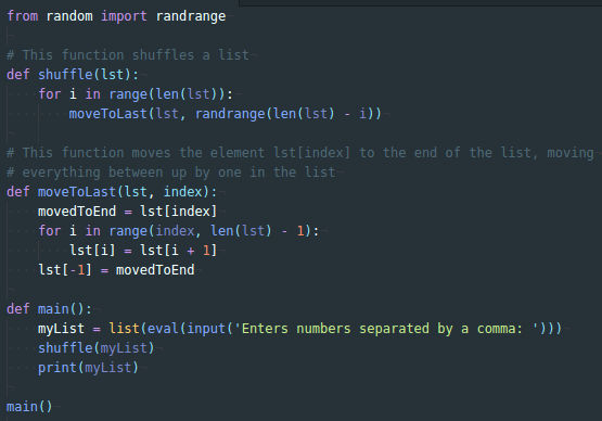 You can shuffle a list using random.shuffle(lst). Write your | Quizlet