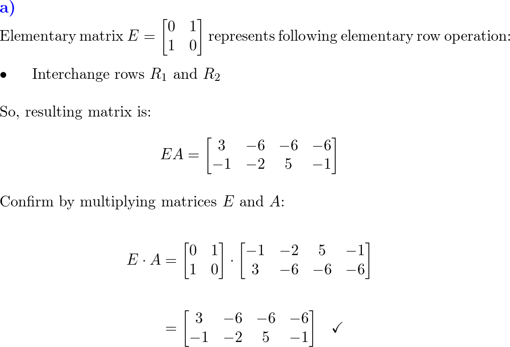 Elementary matrix E and matrix A are given. Write down the r Quizlet