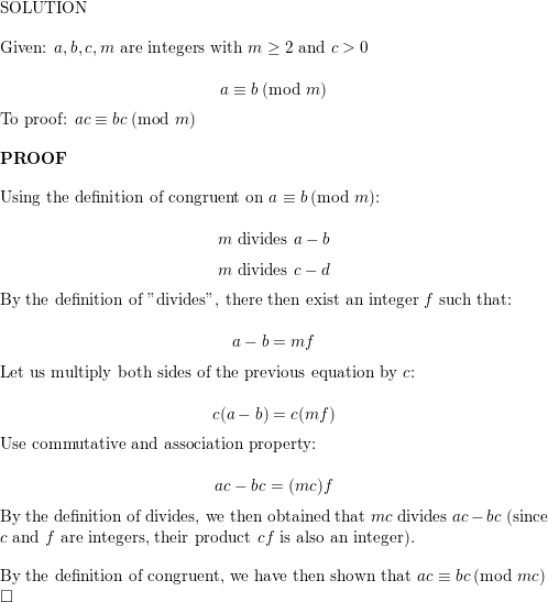 Show That If A B C And M Are Integers Such That M 2 C 0 And A B Mod M Then Ac Mod Mc Homework Help And Answers Slader