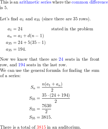 The number of seats in each row of an auditorium increases a Quizlet