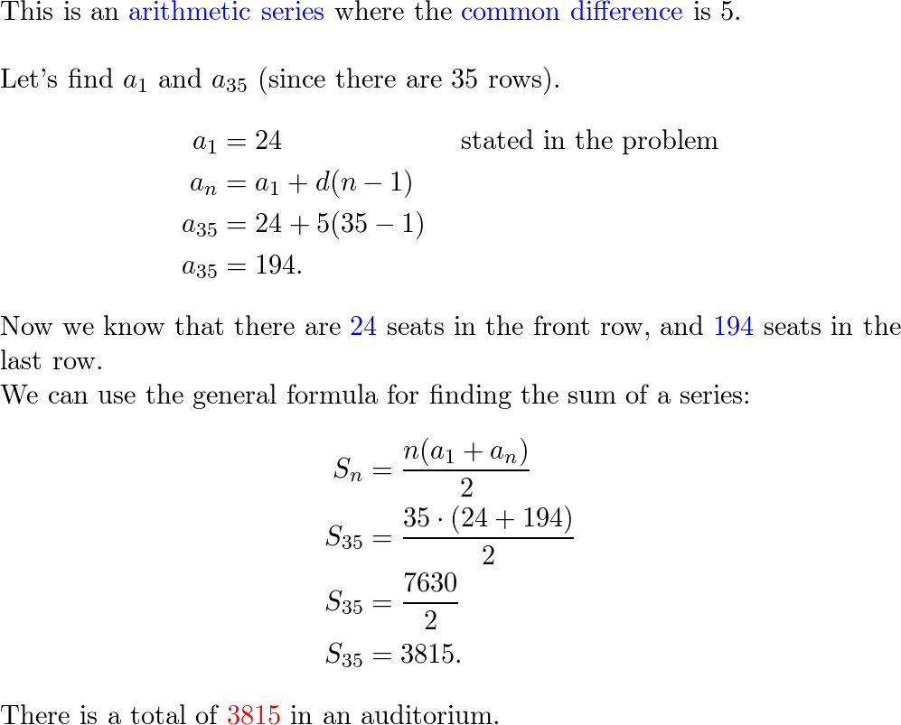 The number of seats in each row of an auditorium increases a Quizlet