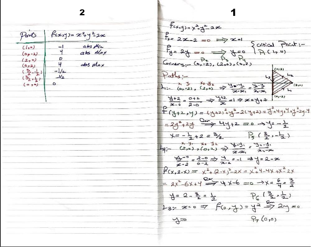 Find The Absolute Maximum And Minimum Values Off On The Set D Math F X Y X 2 Y 2 2x Math D Is The Closed Triangular Region With Vertices 2 0 0