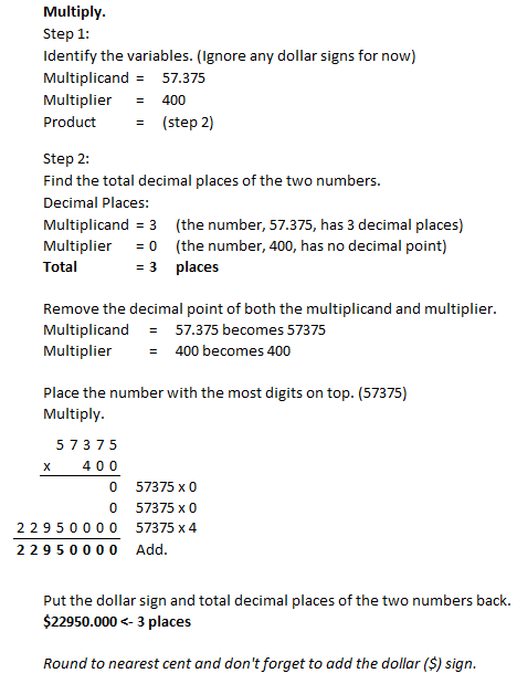 Multiply. $$ \$57.375 \times 400 $$ | Quizlet