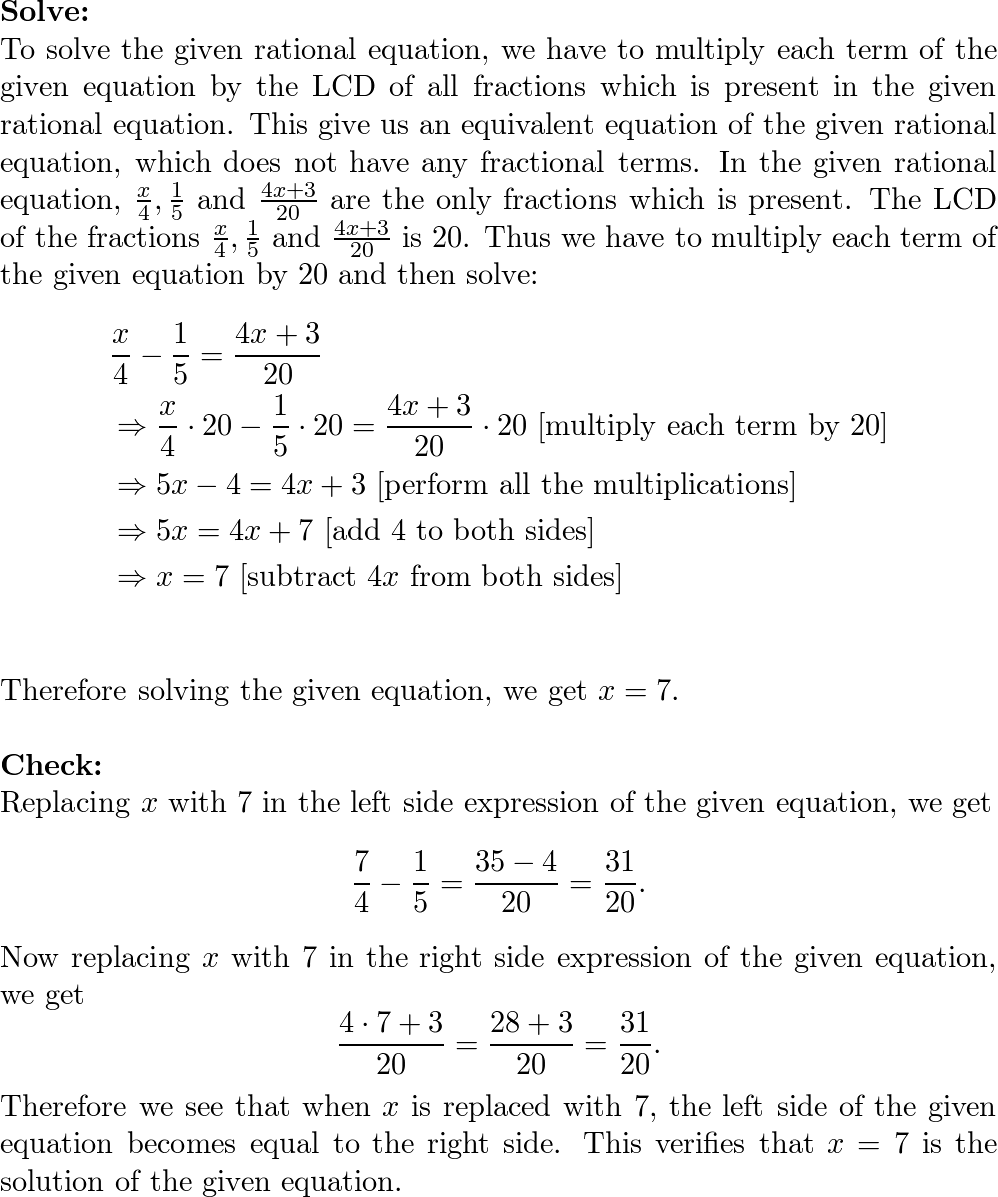 Solve and check given equation. x/4 - 1/5 = ( 4x + 3) | Quizlet