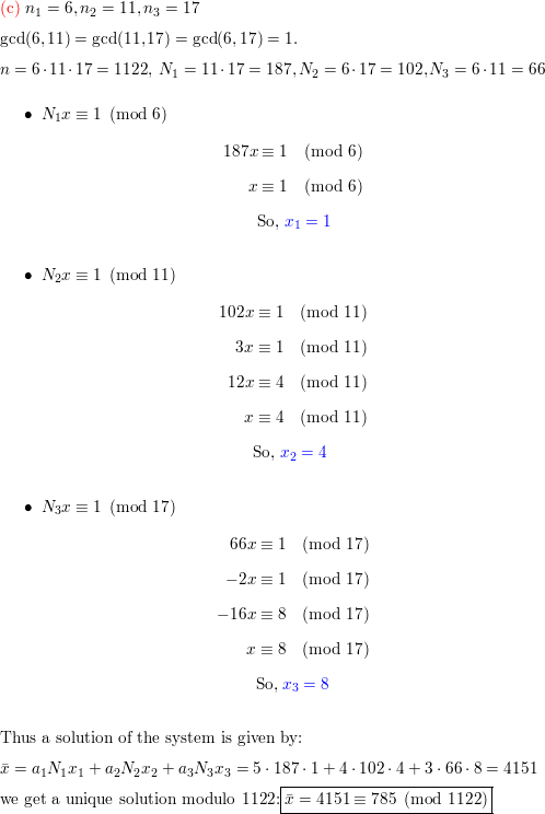 Solve Each Of The Following Sets Of Simultaneous Congruences A Math X Equiv 1 Bmod 3 X Equiv 2 Bmod 5 X Equiv 3 Bmod 7 Math B Math X Equiv 5 Bmod 11 X Equiv 14 Bmod 29 X