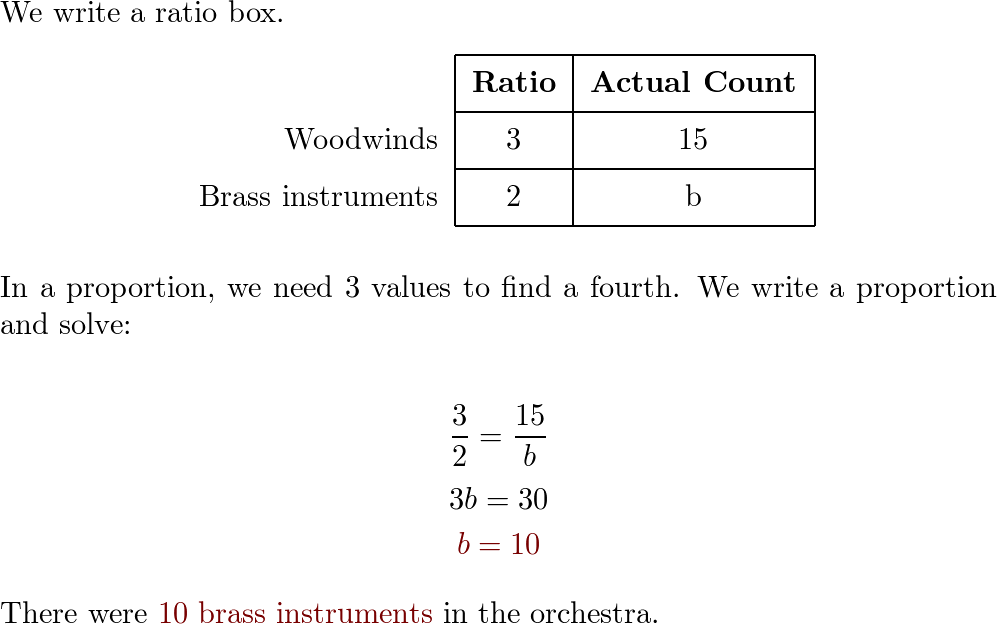 Use a ratio box to solve this problem. The ratio of woodwind