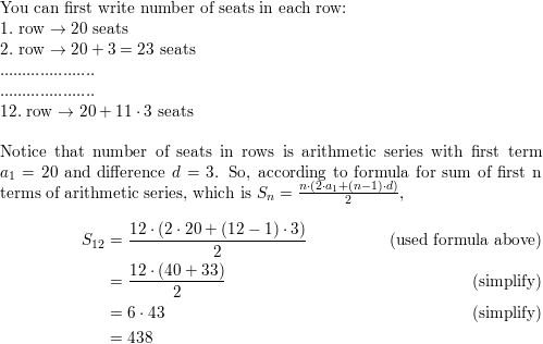 The first row of a theater has 20 seats and each of the fol Quizlet
