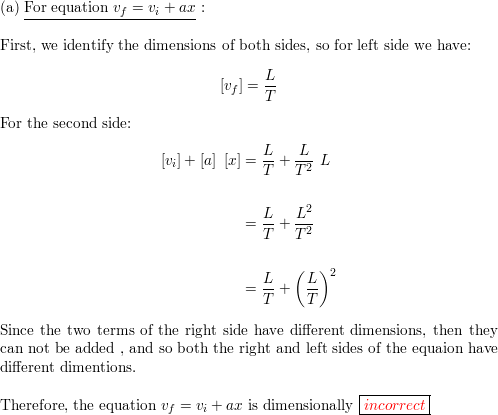 Which Of The Following Equations Are Dimensionally Correct A Vf Vi Ax B Y 2 M Cos Kx Where K 2 M 1 Homework Help And Answers Slader