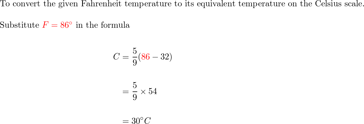 The formula $$ C = rac { 5 } { 9 } ( F - 32 ) $$ expre