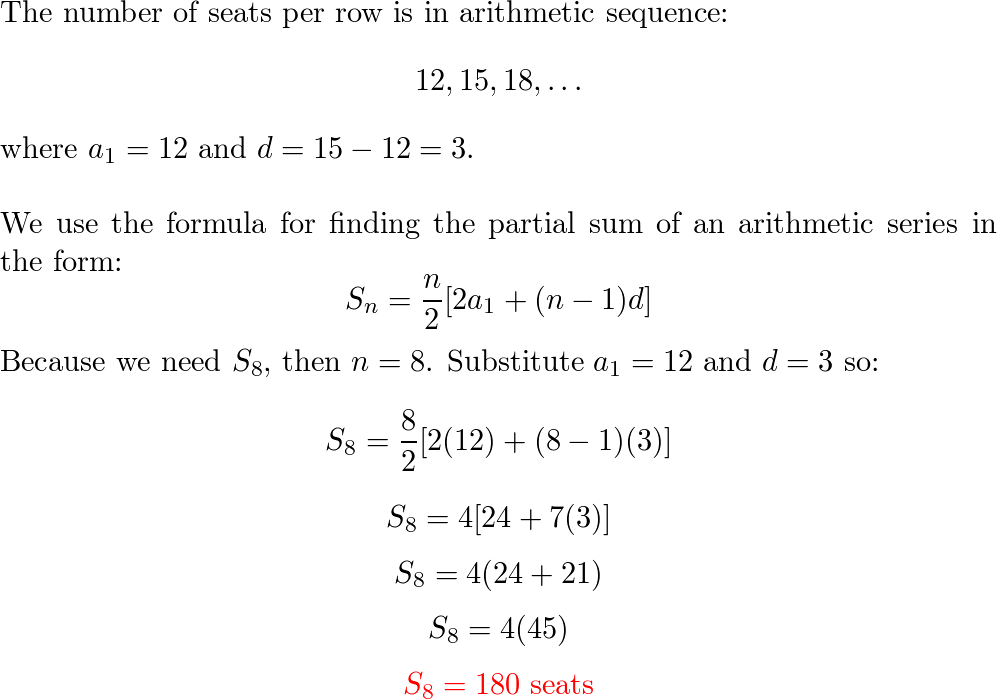 An auditorium has 12 seats in the first row 15 in the secon Quizlet