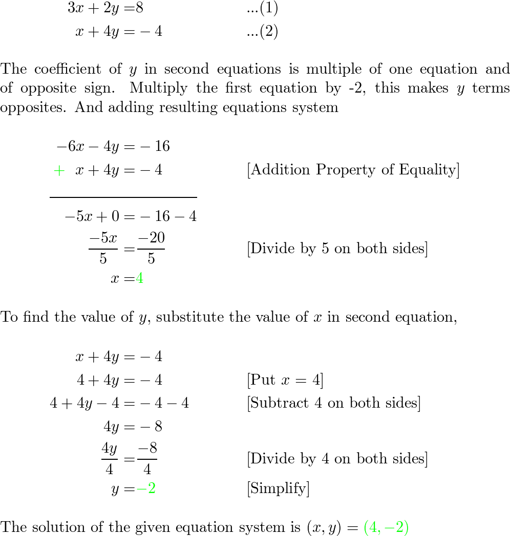 Solve Each System Of Equations. 3x + 2y = 8, X + 4y = -4 | Quizlet