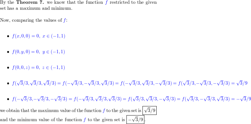 Find The Maximum And Minimum Values Attained By Math F X Y Z Xyz Math On The Unit Ball Math X 2 Y 2 Z 2 Leq 1 Math Homework Help And Answers Slader