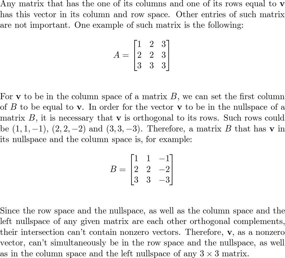 Find a matrix with v 1 2 3 in the row space and column Quizlet