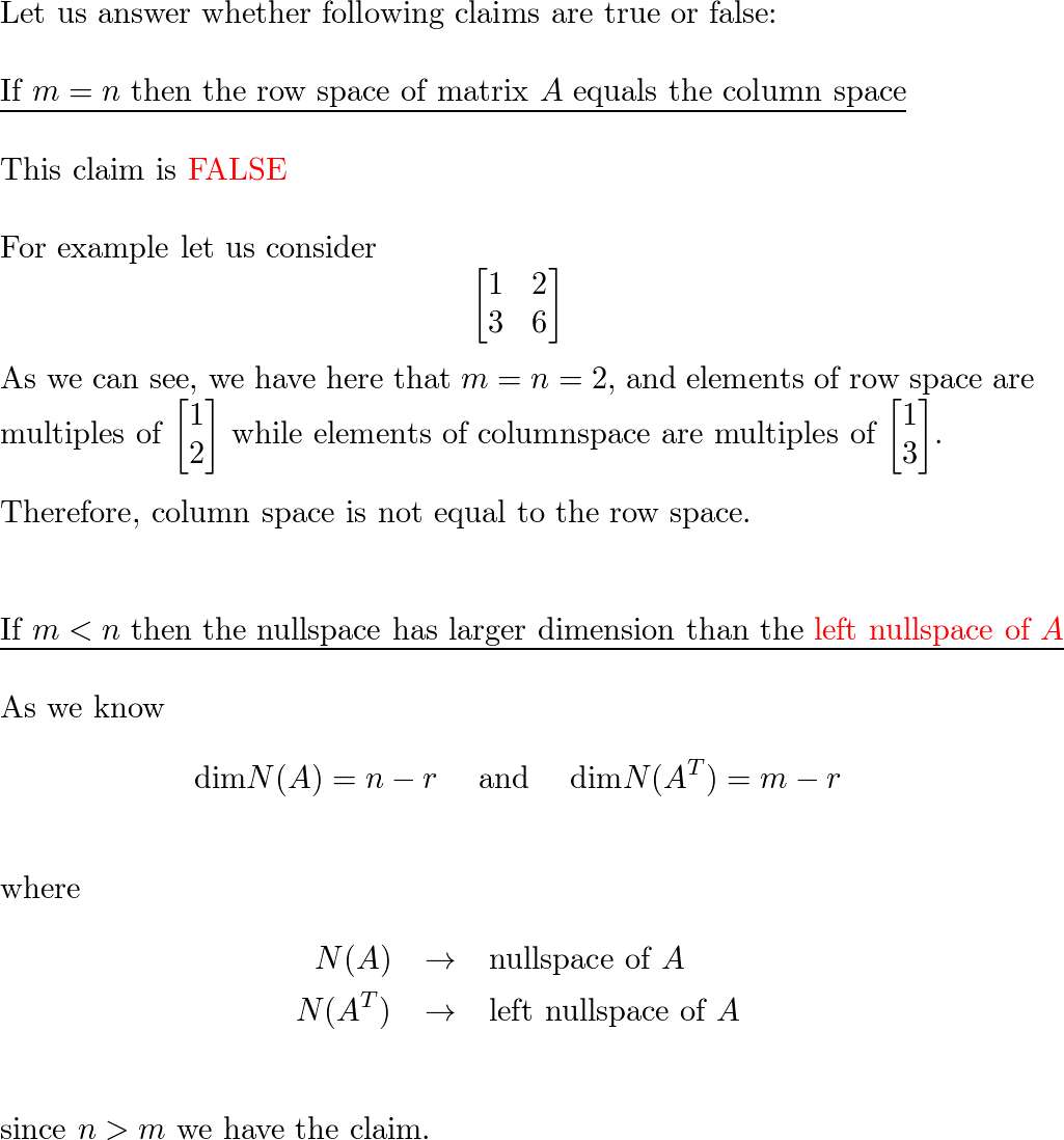 True or false If m n then the row space of A equals the Quizlet