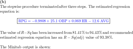 (b) The stepwise procedure terminated after three steps. The estimated regression equation is: RPG = -0.9808 + 25.1 OBP +0.06
