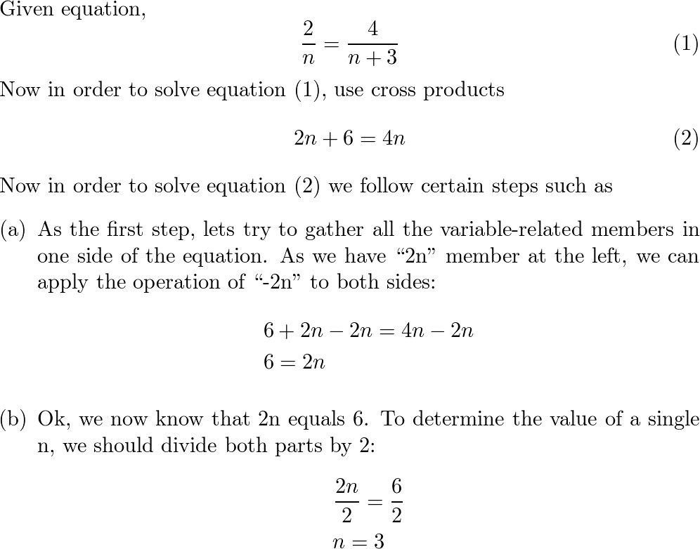 Solve proportion $\dfrac{2}{n}=\dfrac{4}{n+3}$ | Quizlet